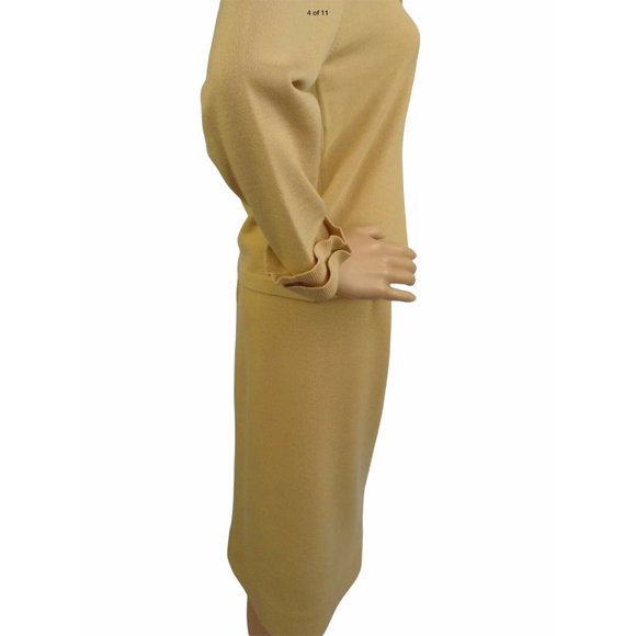 By Damon Vintage Skirt Sweater Set 10 Yellow 100% Wool Midi Pencil Ruffle Italy - Picture 6 of 11